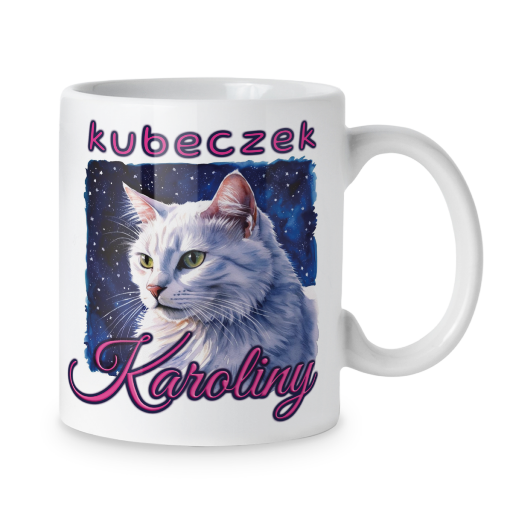 Kubek Biały kot na tle gwieździstego nieba + imię