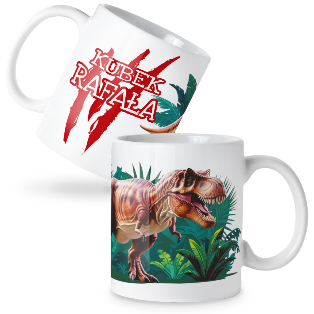 Kubek dinozaury t-rex w tle dżungli + imię