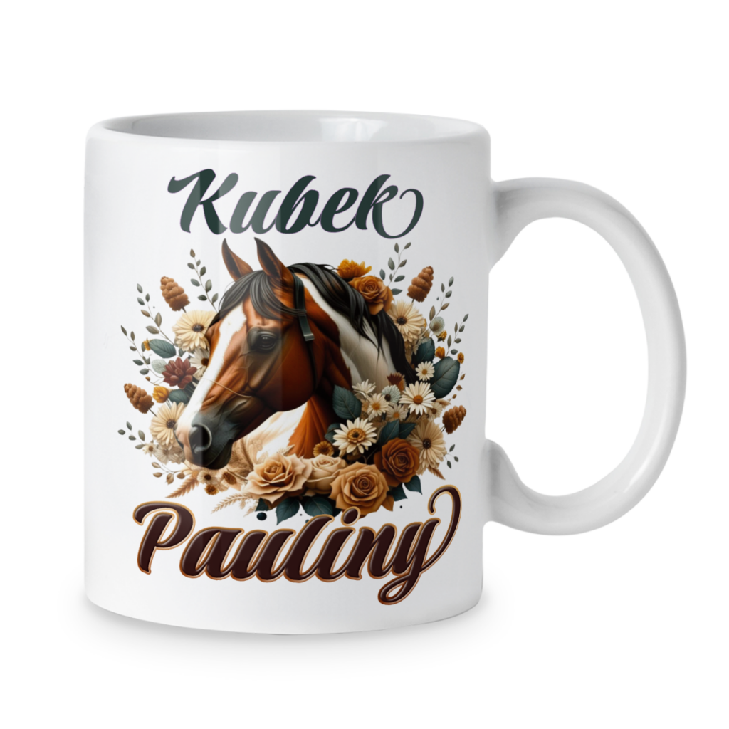 Kubek Kasztanowy koń w kwiatach + imię