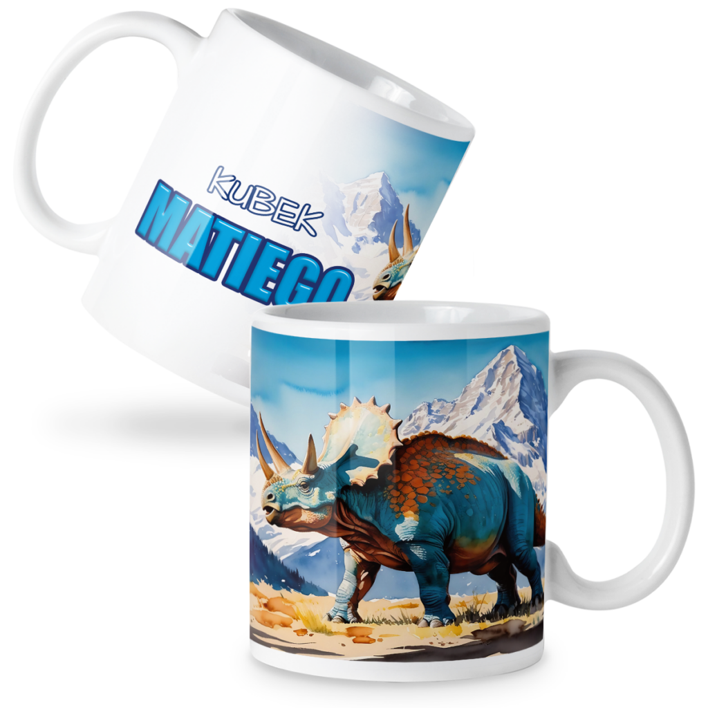 Kubek dinozaury triceratops na tle gór + imię