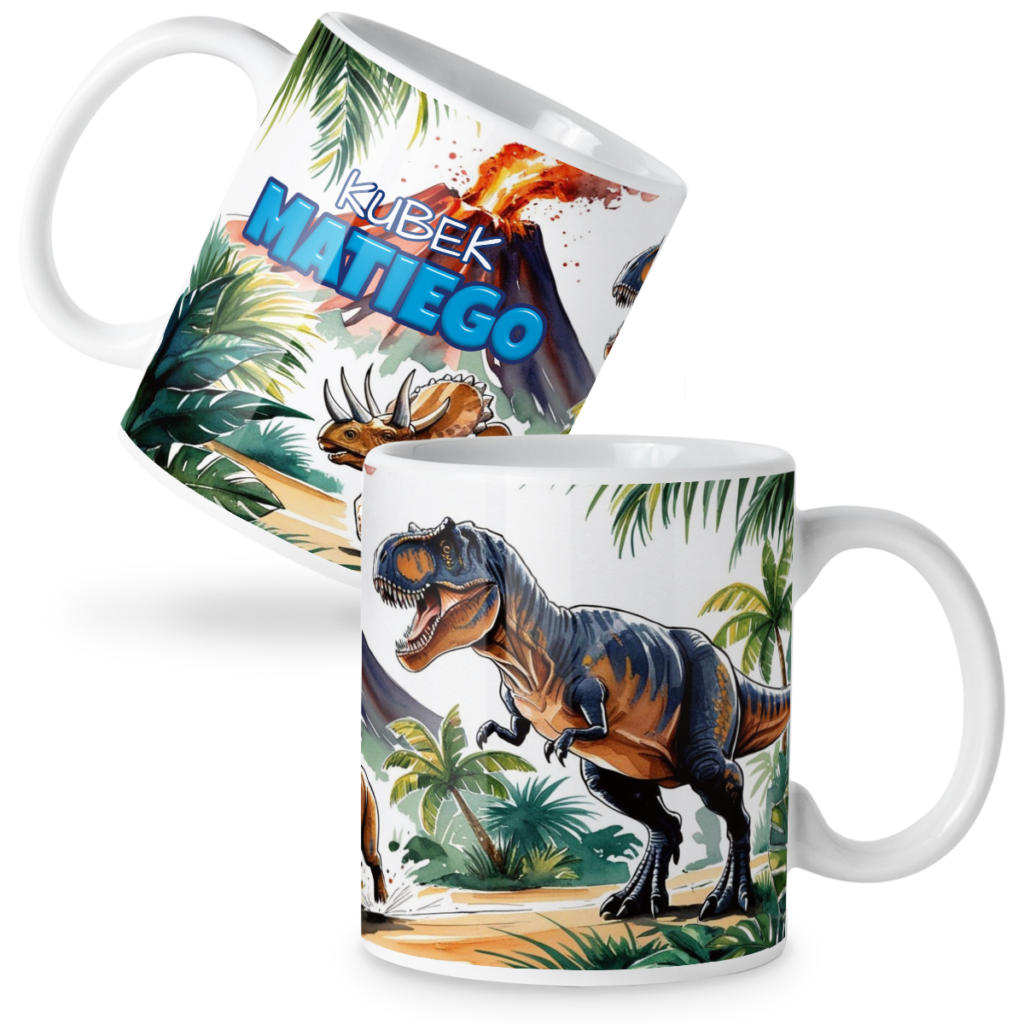 Kubek dinozaury na tle wulkanu + imię