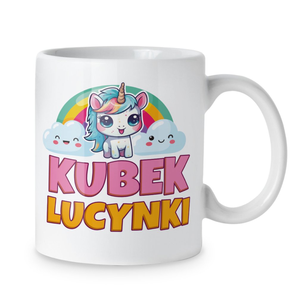 Kubek Jednorożec bajkowy w uśmiechniętych chmurach + imię