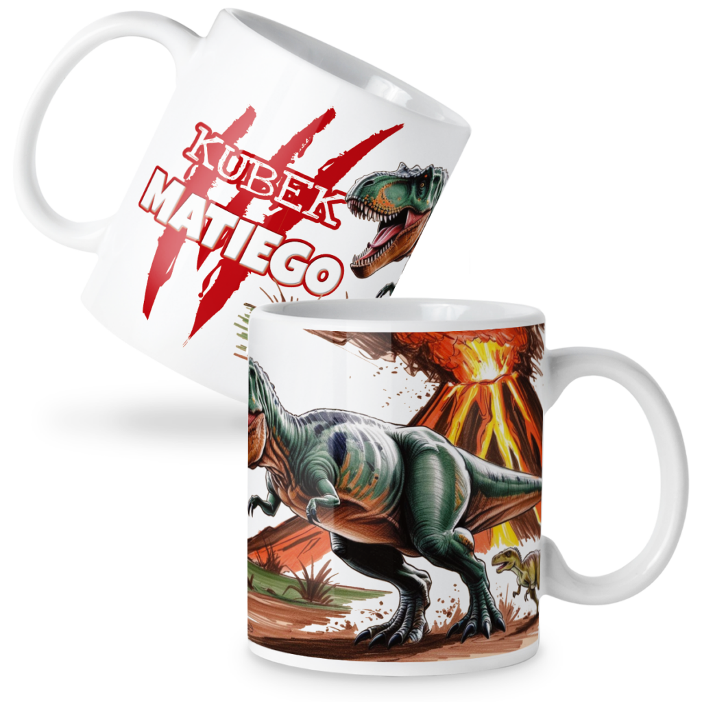 Kubek dinozaury i wybuchający wulkan + imię