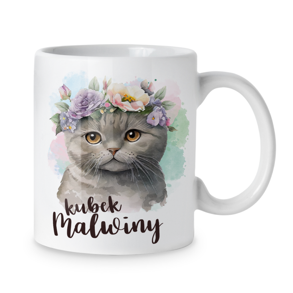 Kubek Kot z wiankiem kwiatów + imię