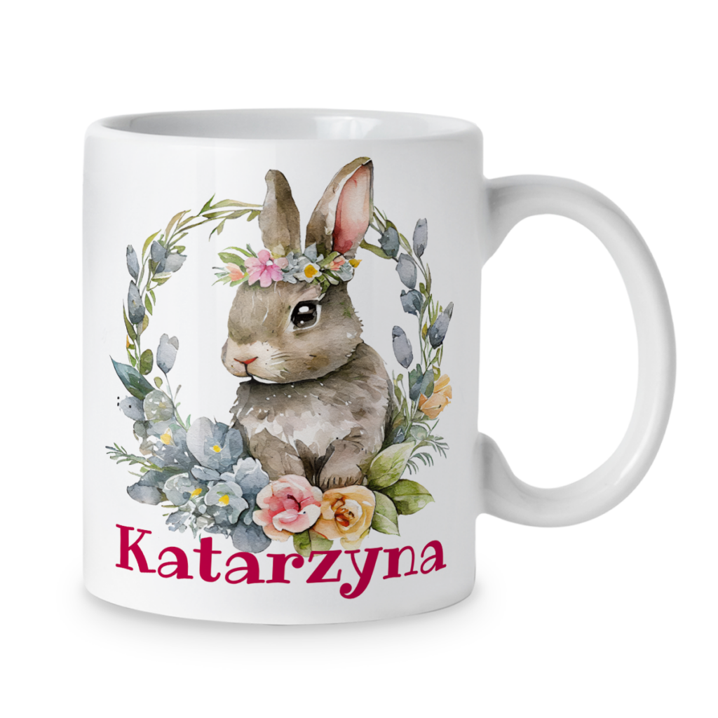 Kubek Zajączek wielkanocny w kwiatach + imię