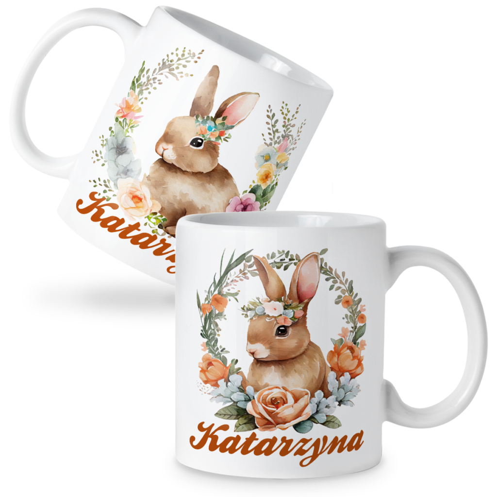 Kubek Zajączki wielkanocne w kwiatach + imię