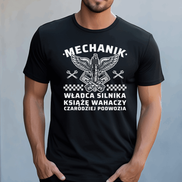 Koszulka męska Mechanik władca silnika książę wahaczy czarodziej podwozia czarna - obrazek 2