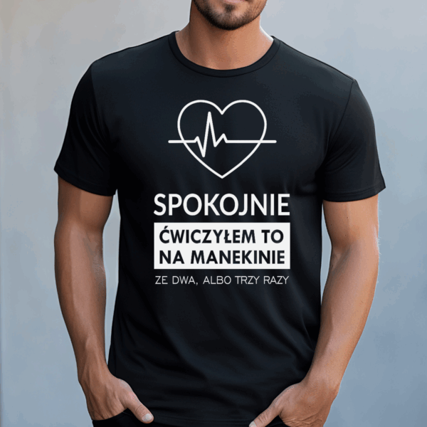 Koszulka męska Spokojnie ćwiczyłem to na manekinie czarna - obrazek 2