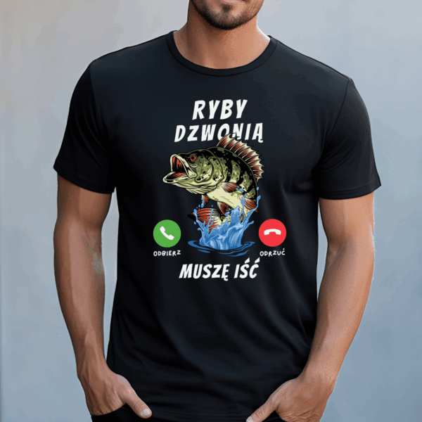 Koszulka męska Ryby dzwonią muszę iść czarna - obrazek 2