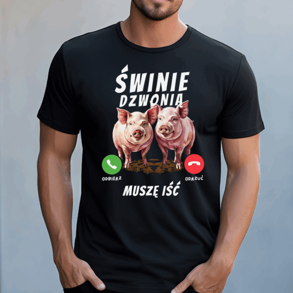 Koszulka męska Świnie dzwonią muszę iść czarna - obrazek 2