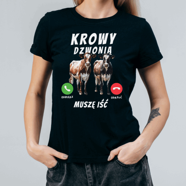 Koszulka damska Krowy dzwonią muszę iść czarna - obrazek 2