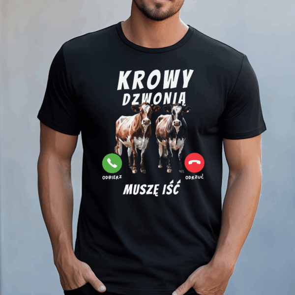 Koszulka męska Krowy dzwonią muszę iść czarna - obrazek 2