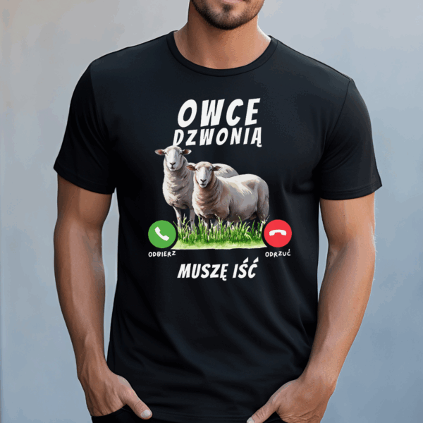 Koszulka męska Owce dzwonią muszę iść czarna - obrazek 2