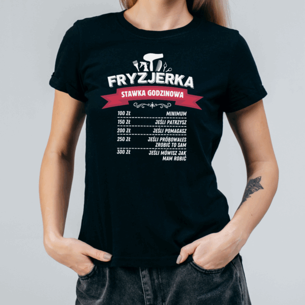 Koszulka damska Fryzjerka stawka godzinowa czarna - obrazek 2