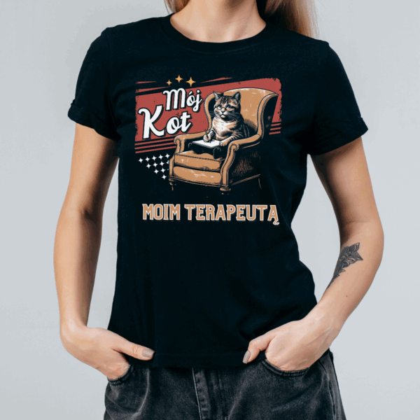Koszulka damska Mój kot moim terapeutą czarna - obrazek 2