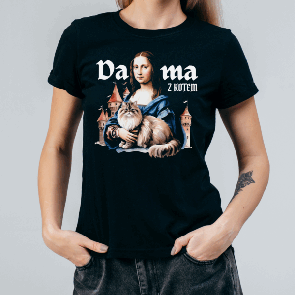 Koszulka damska Dama z kotem czarna - obrazek 2