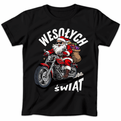 Koszulka damska Wesołych świąt mikołaj na motorze czarna