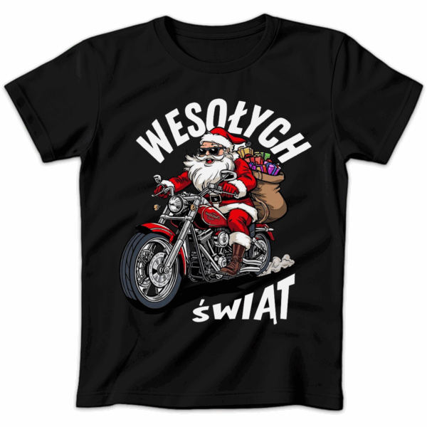 Koszulka damska Wesołych świąt mikołaj na motorze czarna