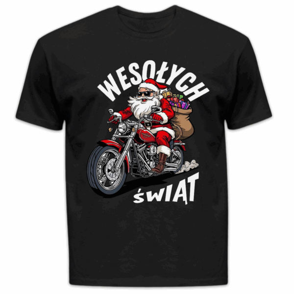 Koszulka męska Wesołych świąt mikołaj na motorze czarna