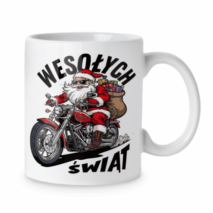 Kubek Wesołych świąt mikołaj na motorze