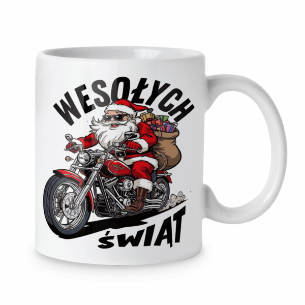 Kubek Wesołych świąt mikołaj na motorze