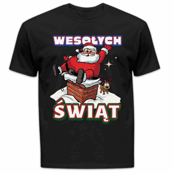 Koszulka męska Wesołych świąt mikołaj w kominie czarna