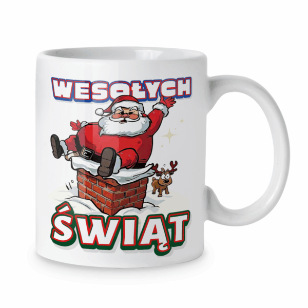 Kubek Wesołych świąt mikołaj w kominie