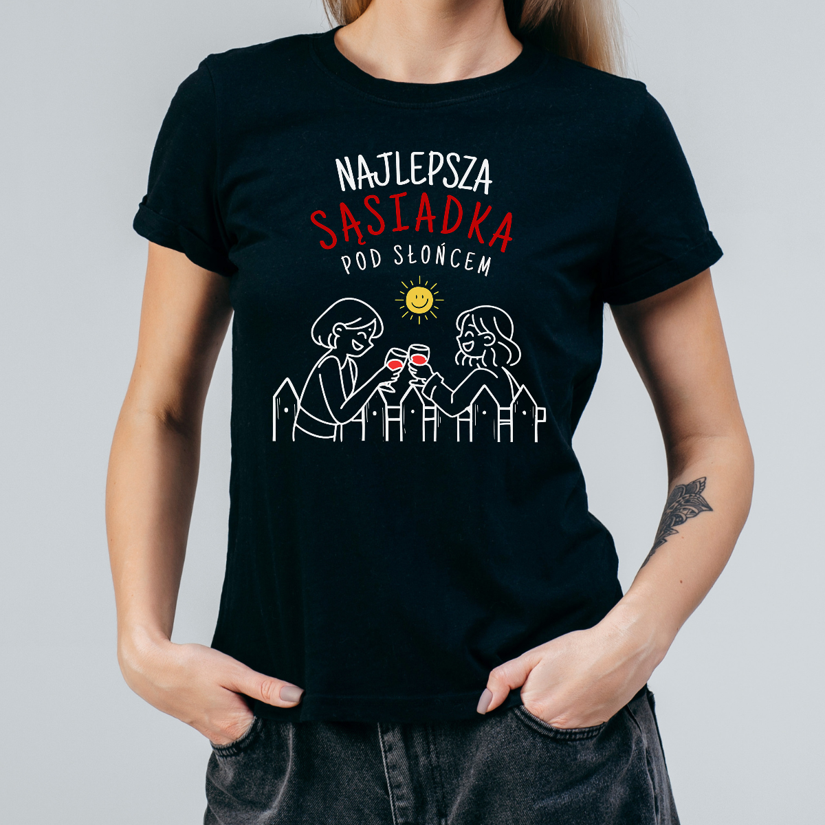 Koszulka damska Najlepsza sąsiadka pod słońcem czarna - obrazek 2