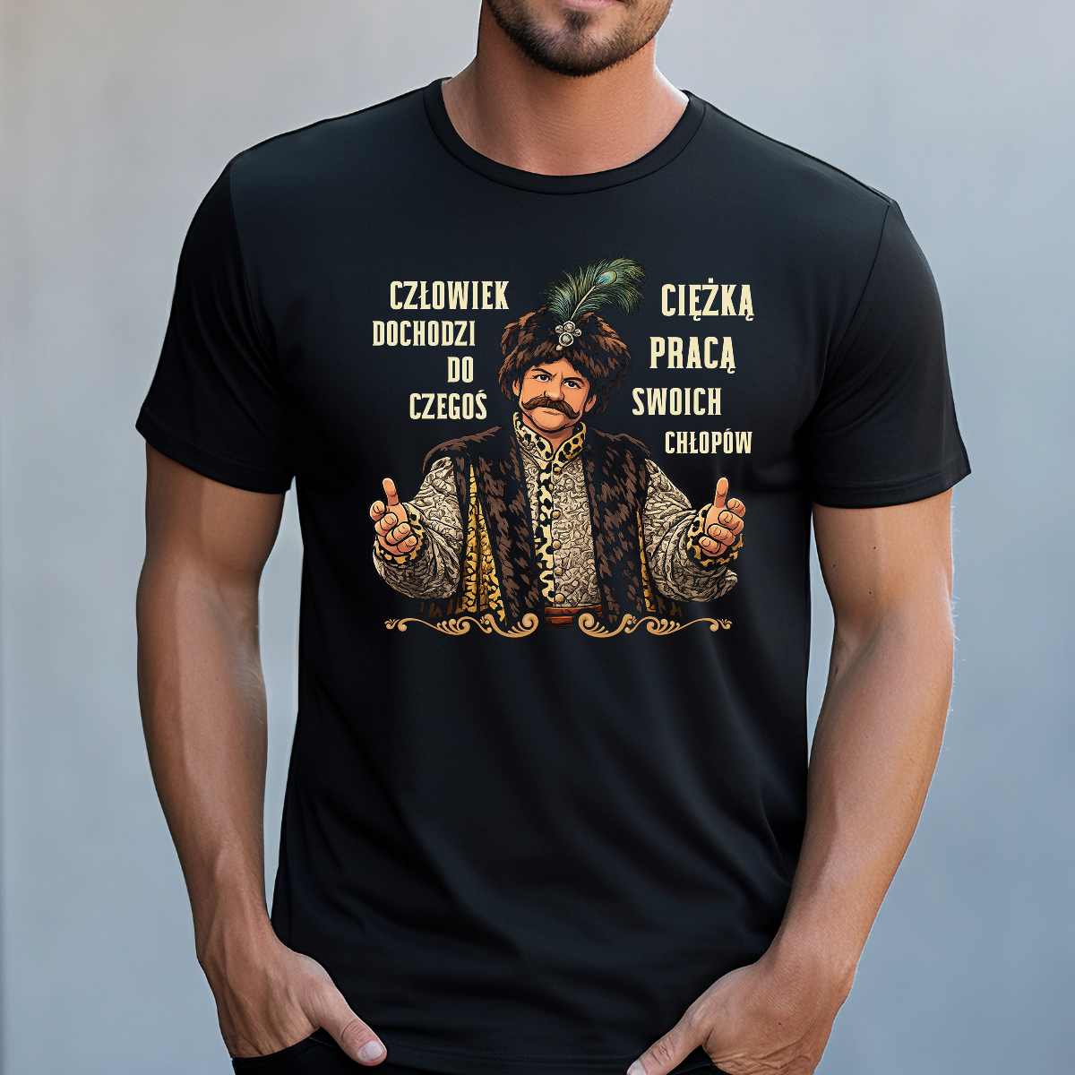 Koszulka męska Człowiek dochodzi do czegoś ciężką pracą swoich chłopów czarna - obrazek 2