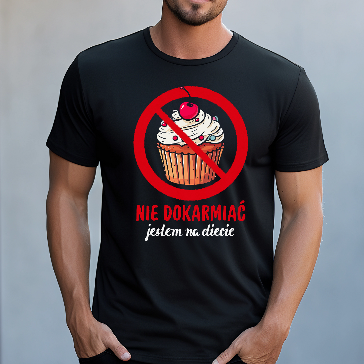 Koszulka męska Nie dokarmiać jestem na diecie czarna - obrazek 2