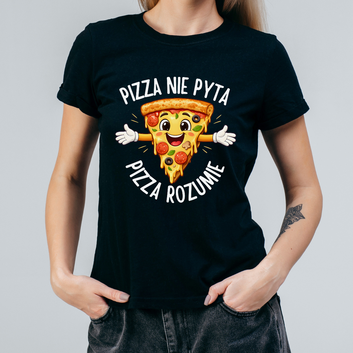 Koszulka damska Pizza nie pyta pizza rozumie czarna - obrazek 2