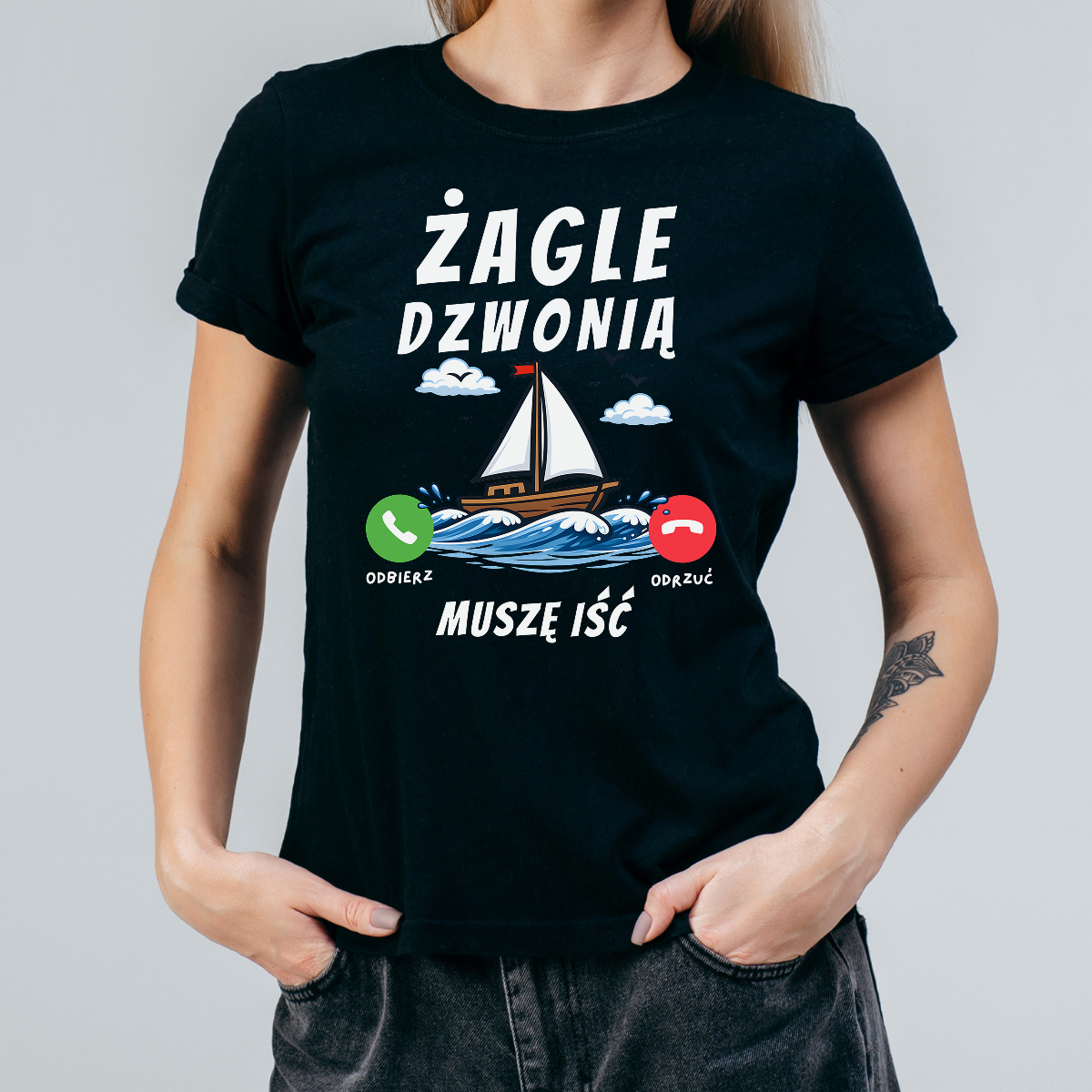 Koszulka damska Żagle dzwonią muszę iść czarna - obrazek 2