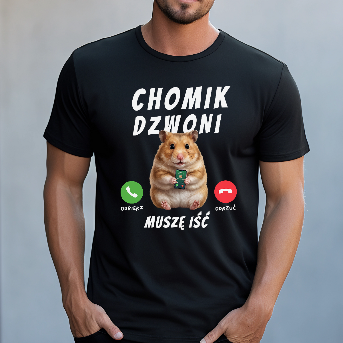 Koszulka męska Chomik dzwoni muszę iść czarna - obrazek 2