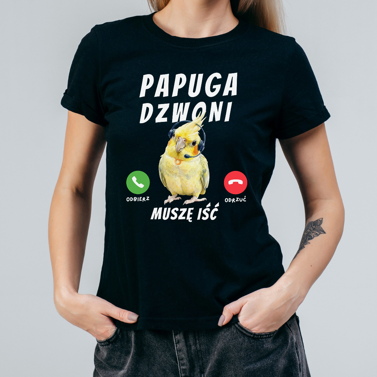 Koszulka damska Papuga dzwoni muszę iść czarna - obrazek 2