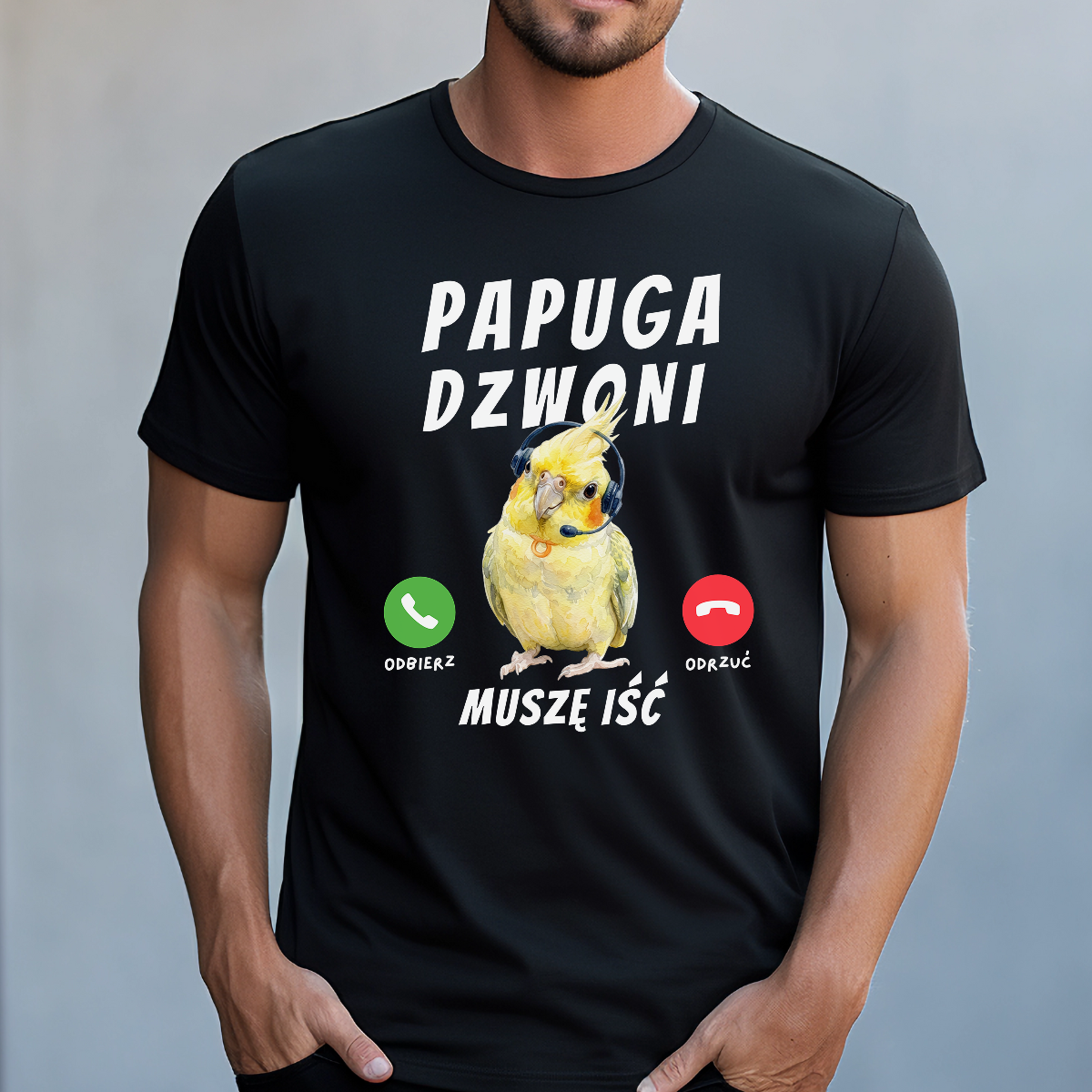 Koszulka męska Papuga dzwoni muszę iść czarna - obrazek 2